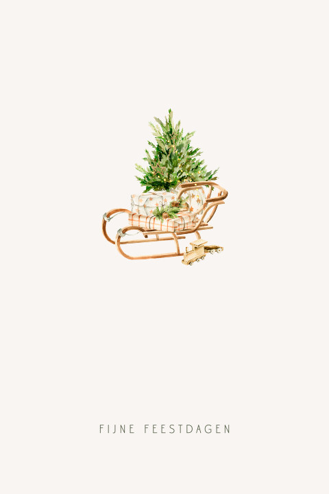 kerstkaart kerstboom slee met kerstcadeautjes