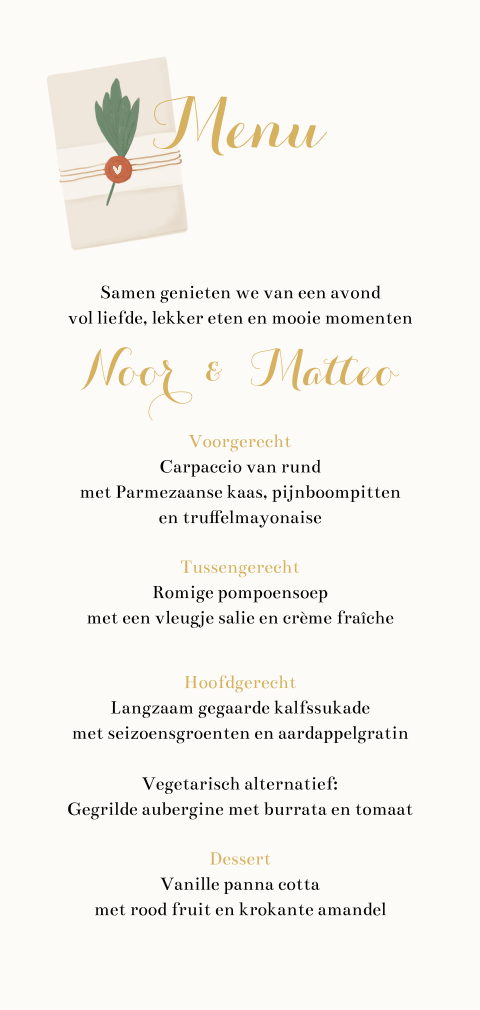 Menukaart bruiloft met takje en zegel in zachtbeige