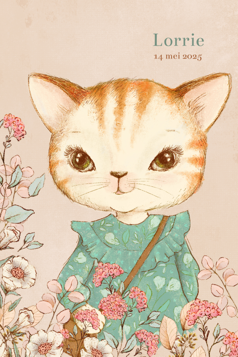 Lief geboortekaartje met poes en roze bloemen