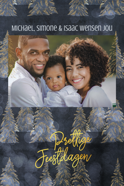 kerstkaart met foto kerstboompjes blauw met goud