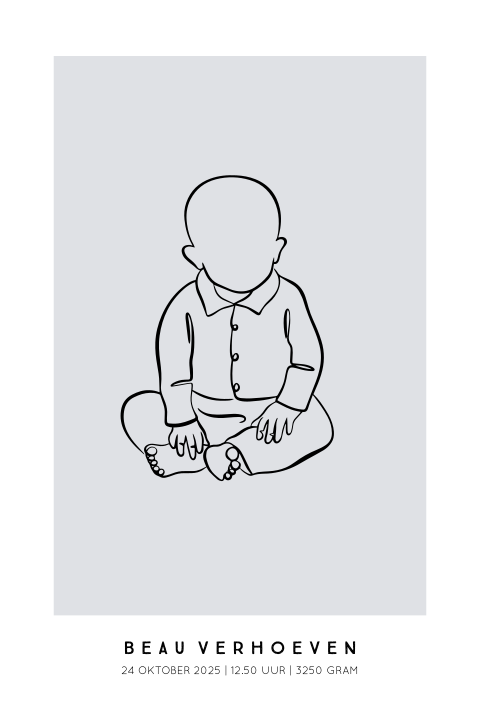 Geboorteposter jongen - Lijntekening zittend 40x60 cm | Persoonlijk kraamcadeau