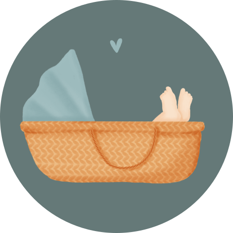 Sluitzegel met baby in een mandje in blauw groen