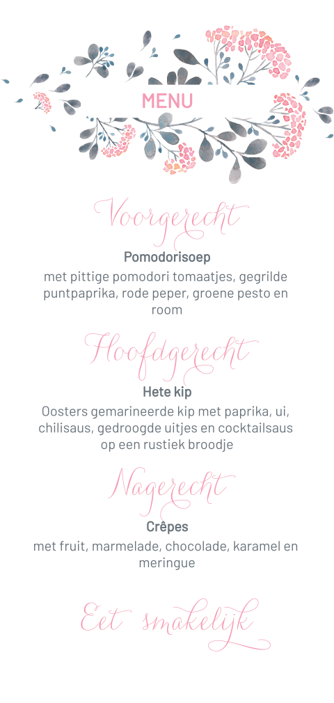 Menukaart watercolour met bloemen in roze en grijs