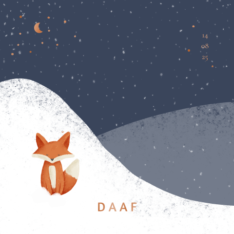 Geboortekaartje winter met een lief vosje in de sneeuw en foliedruk