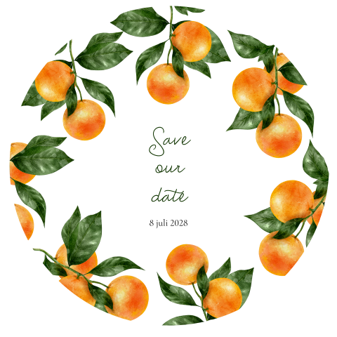 Ronde save the date met sinaasappels