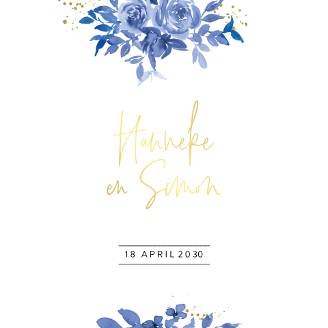 Trouwkaart met foto en blauwe bloemen en goudkleurige spetters