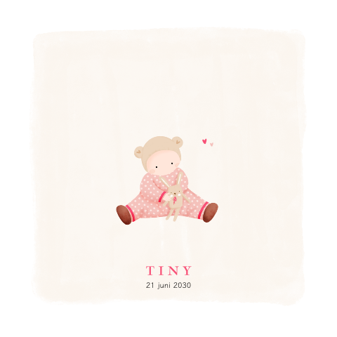 Geboortekaartje met schattig meisje in roze pyjama met speelgoedkonijn