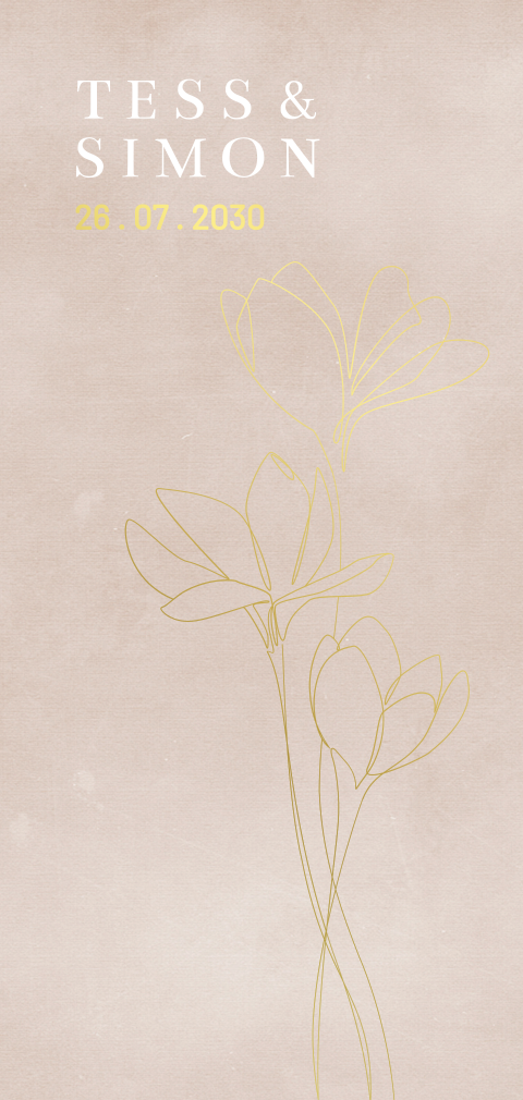 stijlvolle trouwkaart met lijntekening bloem in goudfolie
