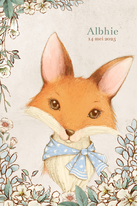 Lief geboortekaartje voor jongens met vosje en bloemen