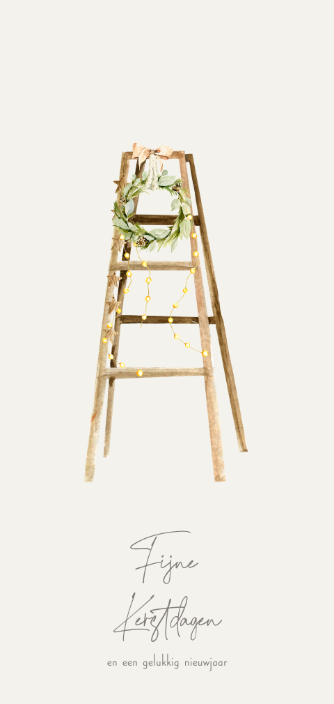 kerstkaart ladder met krans en lichtjes