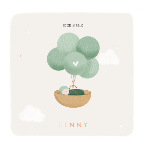 Geboortekaartje met lieve baby in mandje aan groene ballonnen