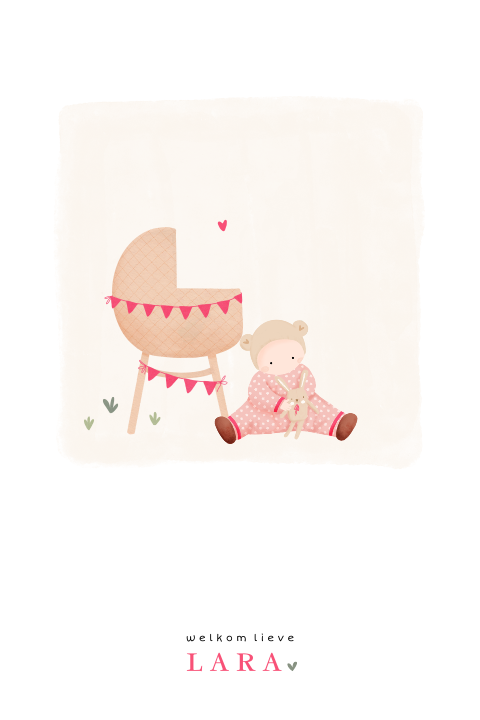Lief geboortekaartje zus baby wiegje in roze