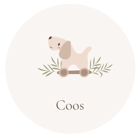 Origineel geboortekaartje rond met speelgoedhondje