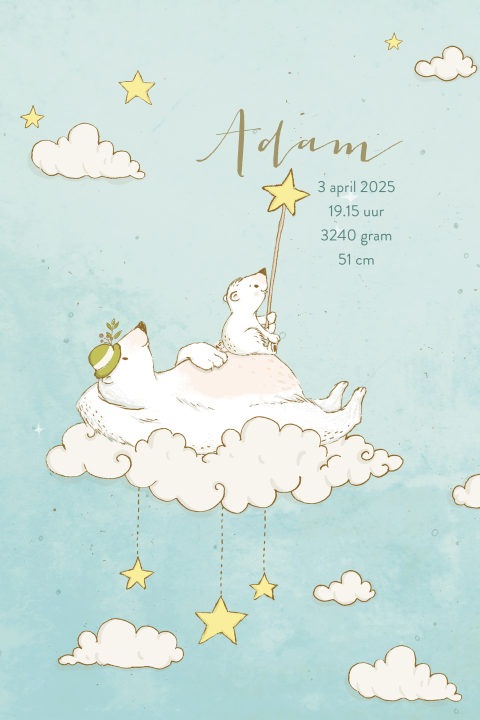 Geboorteposter met papa en baby ijsbeer op een wolk