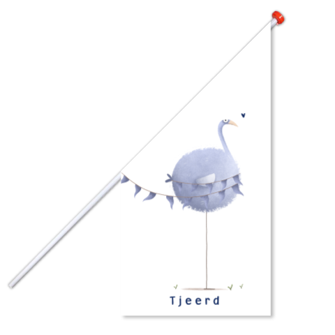 Vlag voor geboorte of verjaardag met blauwe vogel en slingers