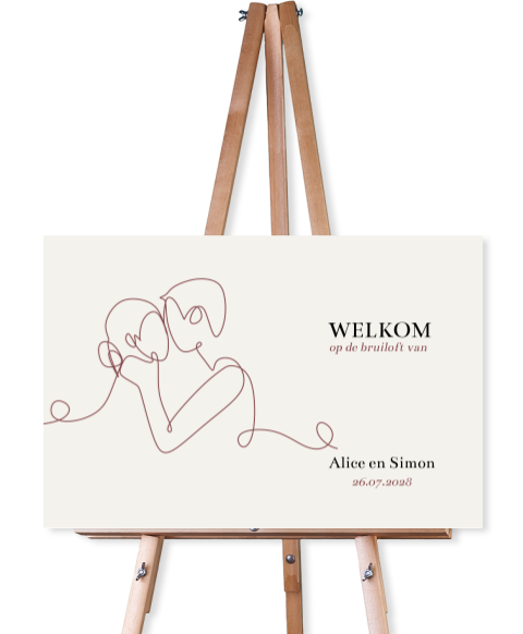 Welkomstbord bruiloft met lijntekening verliefd koppel