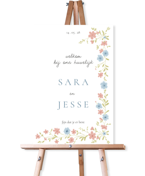Romantisch welkomstbord bruiloft met bloemenrand pastel