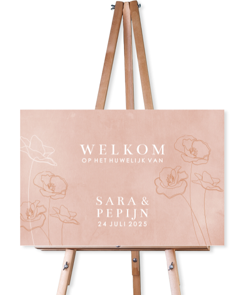 welkomstbord bruiloft oudroze velvet lijntekening klaprozen