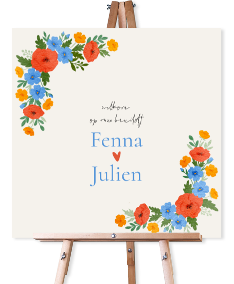 Welkomstbord bruiloft veldbloemen kleurrijk