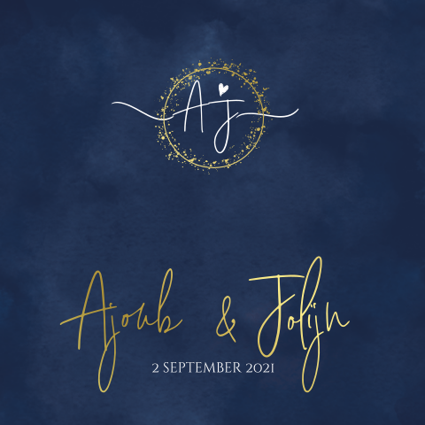 Donkerblauw chique trouwkaartje met trouwlogo