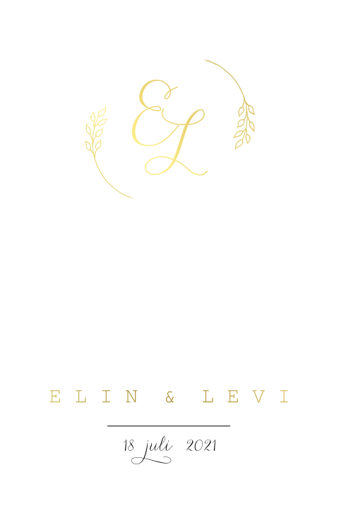 Chique trouwkaartje met trouwlogo en takjes in folie