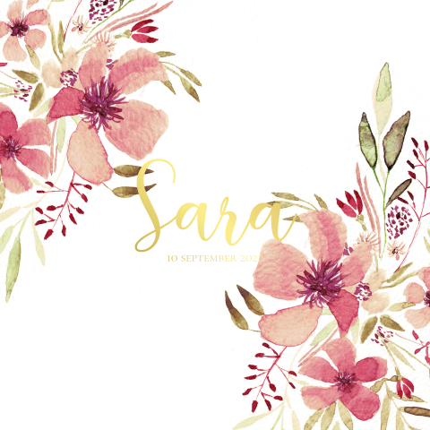 Lief geboortekaartje meisje met bloemen en goudfolie