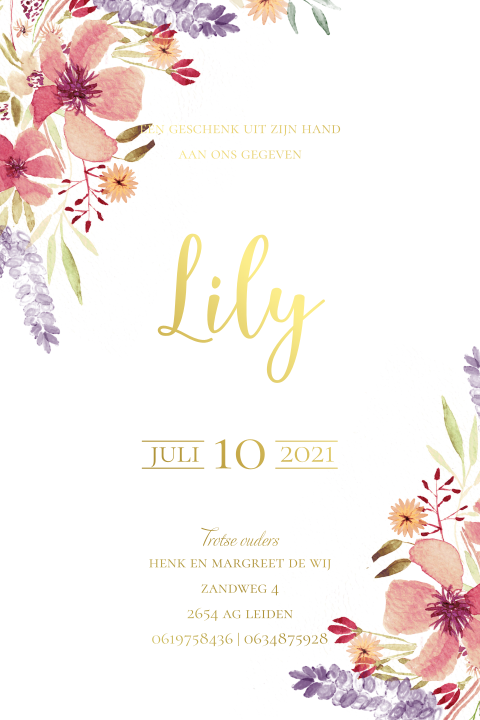 Meisjes geboortekaartje met waterverf bloemen en goudfolie