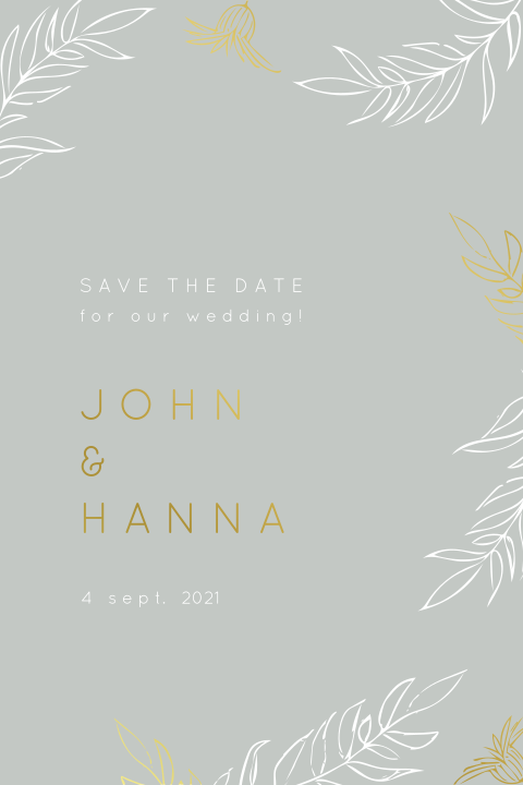 Lichtgroene trouwkaart met goudfolie en takjes
