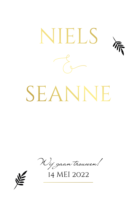 Minimalistisch trouwkaartje met zwarte takjes en goudfolie
