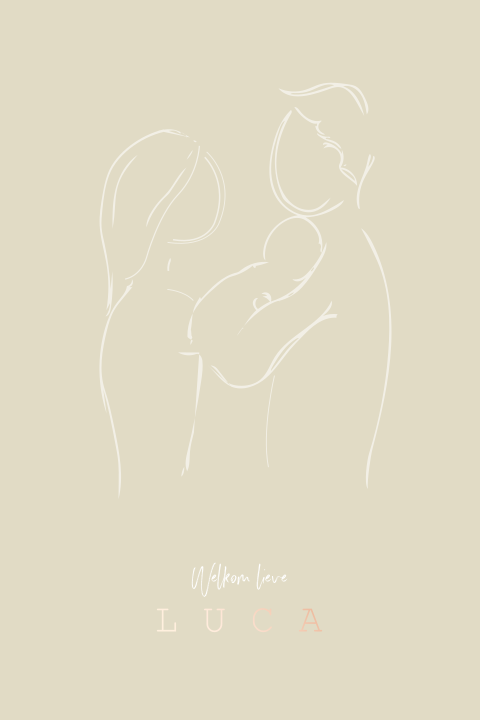 Lijntekening geboortekaartje zandkleur met folie