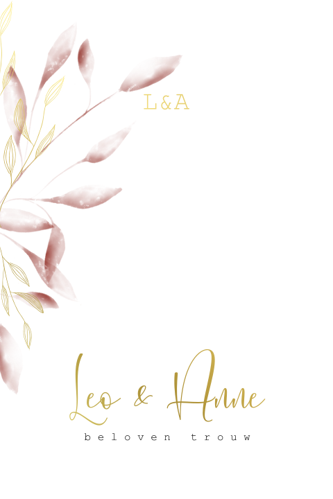 Chique trouwkaart met roze takjes en goudfolie