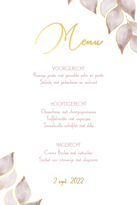Mooie menukaart met goudfolie en roze takjes