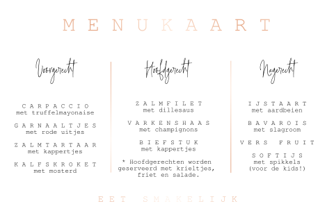 Menukaart met folie in rosegoud en perzikkleur achtergrond