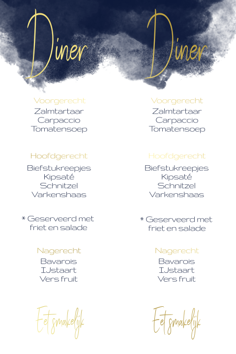 Donkerblauwe menukaartjes trouwhuisstijl bruiloft