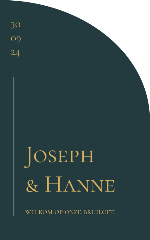 Bruiloftsbord met groene achtergrond en gouden tekst