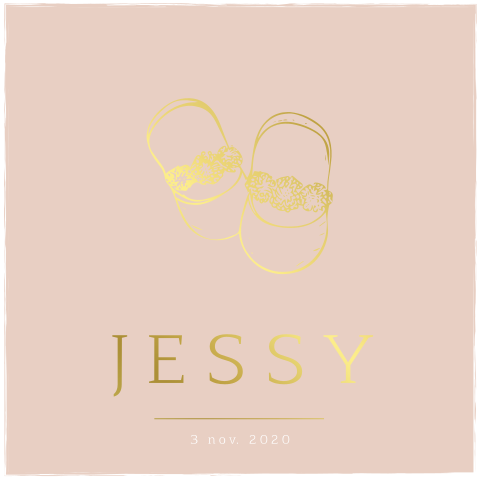 Oudroze geboortekaartje met schoentjes en goudfolie