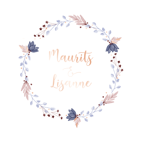 Vrolijke trouwkaart met bloemen in dusty blue en rosegouden folie