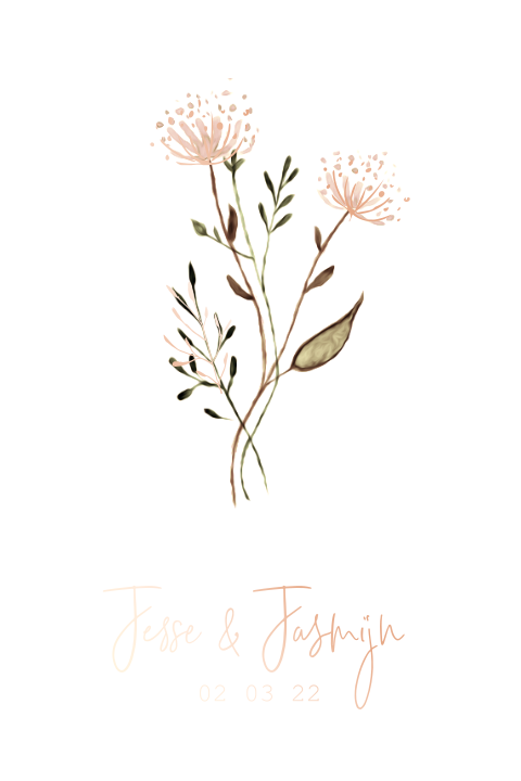 Trouwkaartje met bos bloemen en rosegoud folie