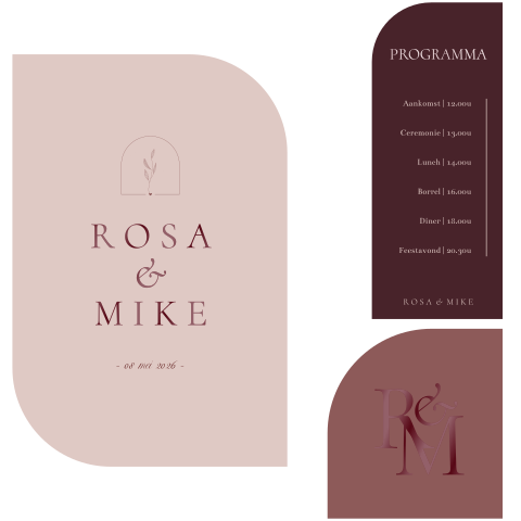 Trouwkaart set bordeaux met roze