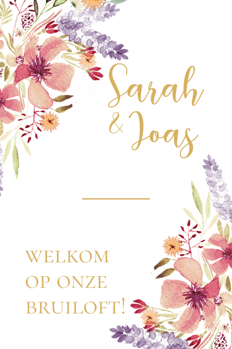 Welkomstbord bruiloft met vrolijke bloemen