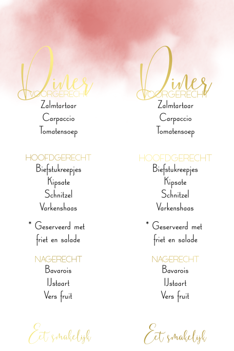 Menukaartje met oudroze waterverf en goudfolie