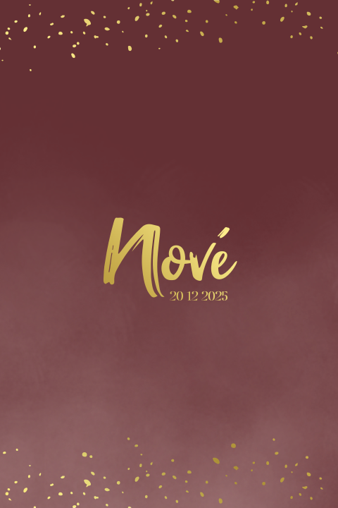 Kerst geboortekaart met bordeauxrode achtergrond en goudfolie