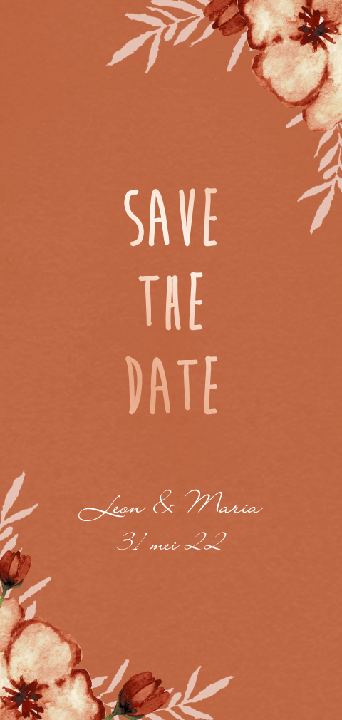 Roest save the date met bloemen en folie
