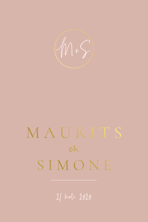 Oudroze trouwkaart met goudfolie logo