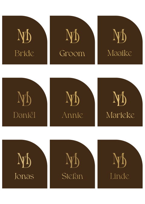 Cacao Brown - naamkaartjes in boogvorm met goudfolie