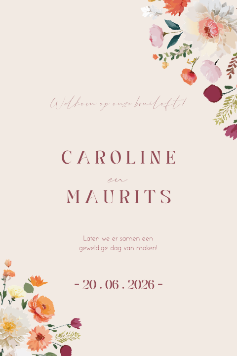 Welkomstbord beige met bloemen