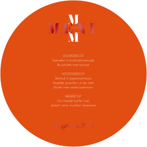 Ronde kleurrijke menukaart in oranje met rood Color Splash