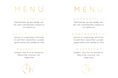 Menukaartjes voor bruiloft met goudfolie en trouwlogo