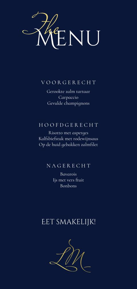 Menukaart Classical Blue met goudfolie