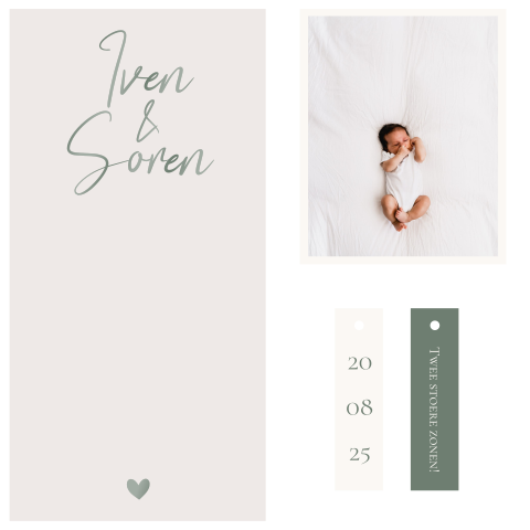 Kaartenset geboortekaart tweeling met een foto en lakfolie